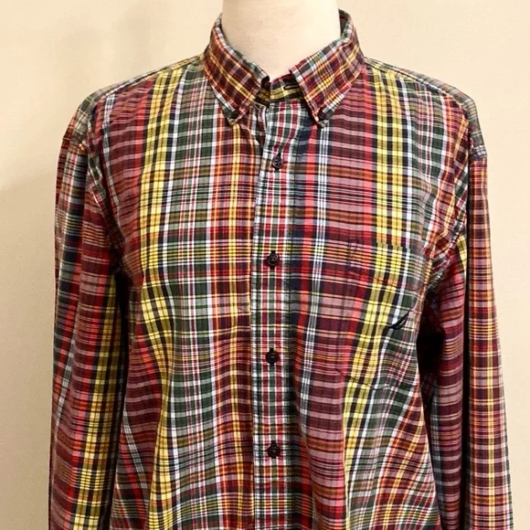 Nautica Men’s Red Green Yellow Plaid Long Sleeve Button Down Cotton Shirt SZ XL - Picture 2 of 13
